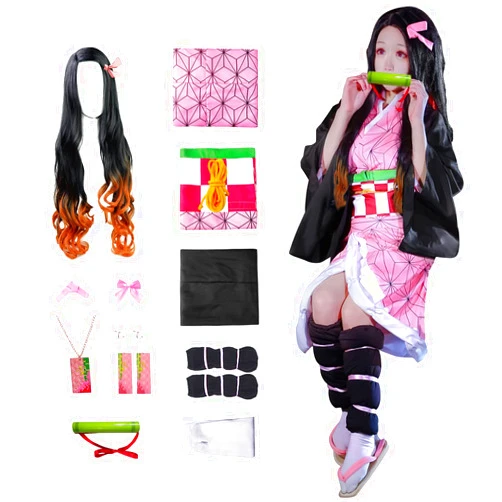 JYakeji 11 pcs Nezuko Cosplay Costume Kimono for Kids Adults Robe Japanese Anime Costume Halloween Kimono Outfit With Wig