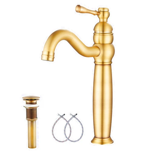 GGStudy Antique Brass Bathroom Faucet 360° Swivel Single-Handle 1 Hole Bathroom Vessel Sink Faucet Matching Pop Up Drain