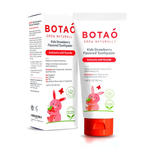 BOTAO Kids Natural Strawberry Flavored Anticavity Fluoride Toothpaste Maximum Cavity Protection Cleans Children’s Teeth Protects Gums Chamomile Aloe Vera Calendula Xylitol for Ages 2 and Up