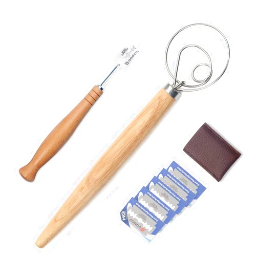 DUNCHATY Danish Dough Whisk and Bakers Bread Lame Tool for Baking Cake Pizza, Stainless Steel Dough Scoring Knife with 5 Replacement Blades Leather Storage Cover, Lame Bread Dough Whisk Slashing Tool