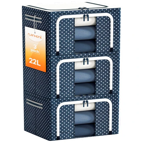 Furnhome Clothes Storage Organizer Bins, Foldable Storage Bins-Oxford Cloth Steel Frame Storage Box for Clothing Storage with Foldable Clear Window & Reinforced Handles (Navy Dots, 22L, 3PCS)…