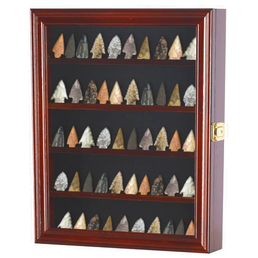 DisplayGifts Arrowhead Display Case Native American Arrowhead Shadow Box Wall Mount Arrowhead Collection Cabinet with UV Protection for Agate Opal Stone Arrowheads Spear Points (Mahogany Finish)