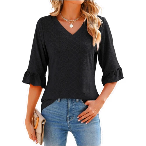 LOMON 3/4 Length Sleeve Womens Tops Summer Loose V-Neck Eyelet T-Shirts Dressy Casual Ruffle Sleeve Tunic Blouses