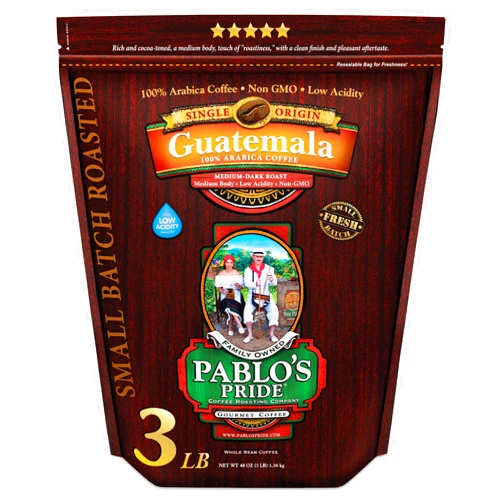 Pablo's Pride 3LB Pablo's Pride Guatemala - Medium-Dark Roast - Whole Bean Coffee - Low Acidity - 3 Pound (3 lb) Bag
