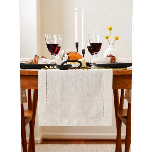 Solino Home Linen Light Natural Table Runner 36 Inch - 100% Pure Linen Classic Hemstitch Table Runner 14 x 36 Inch Ideal for Dresser and Coffee Tables - Spring, Mothers Day, Easter Decorations