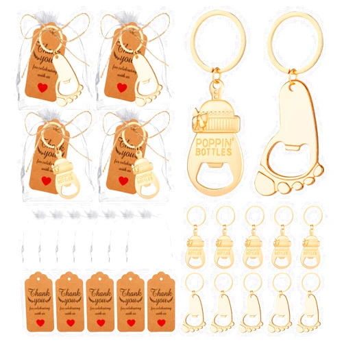 Qonmpcvu 50 Pcs Baby Footprint Keycahin Bottle Opener Baby Bottle Opener Poppin Bottles Baby Shower Souvenirs With Cards Baby Carriage Shaped Bottle Opener For Girl Baby Party Favors For Guest (50)