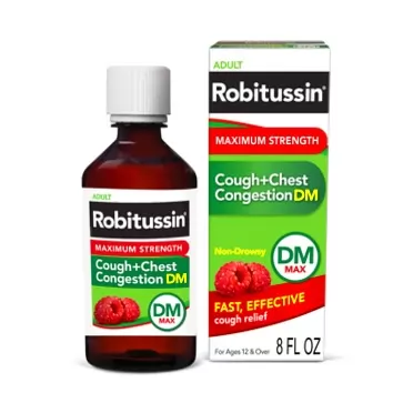 Robitussin Adult Maximum Strength Cough + Chest Congestion DM Max (8 fl. oz. Bottle), Non-Drowsy Cough Suppressant & Expectorant, Raspberry Flavor