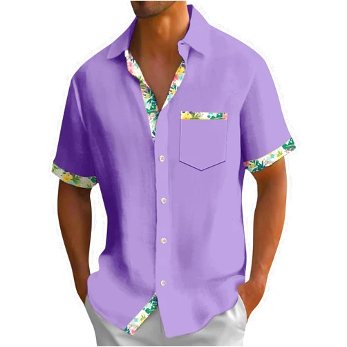 Shusuen Hawaiian Shirt for Men Button Down Short Sleeve Blouse Stretch V Neck Blouses Summer Beach Aloha Shirts with Pocket