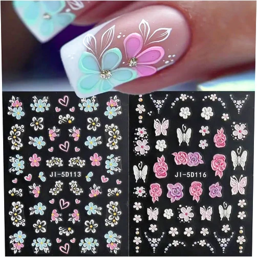 FBABFBUO Flower Nail Art Stickers Decals 5D Embossed Flowers Nail Decals 3PCS Colored Floral Five-Petaled Flowers Butterfly Design Manicure Adhesive Sliders Flower Sticker for Nails Women Nail Art Decorations