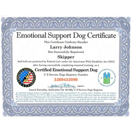 Just 4 Paws Official Certified Emotional Support Dog Customized Certificate with Leather Presentation Folder | Includes Handler/Dog PVC Info Card & Registration at US Service Dogs Registry