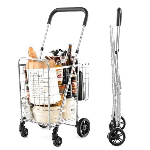 Goplus Folding Shopping Utility Cart, Double Basket and 360° Swivel Wheels, Adjustable Handle, Small Cart Perfect for Grocery Laundry Book Luggage Travel