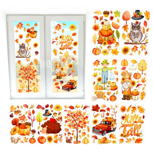 Cinrobiye 150Pcs Fall Window Clings，Thanksgiving Window Stickers Pumpkin Maple Leaf Double-Sided Window Art Seasons Decals for Autumn School Home Office Accessories Toddler Party Supplies Gifts, 9 Sheets (fall)