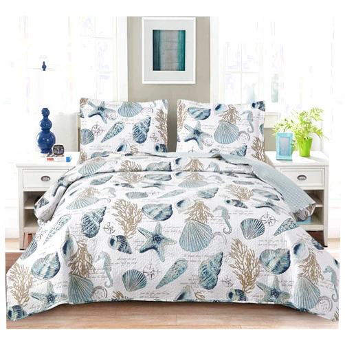 Jarson Summer Beach Bedspreads Set Seashell Conch Coverlet Sets Twin Size,3Pcs Lightweight Coastal Quilts Starfish Seahorse Seaweed Printed Bedding Pillow Shams