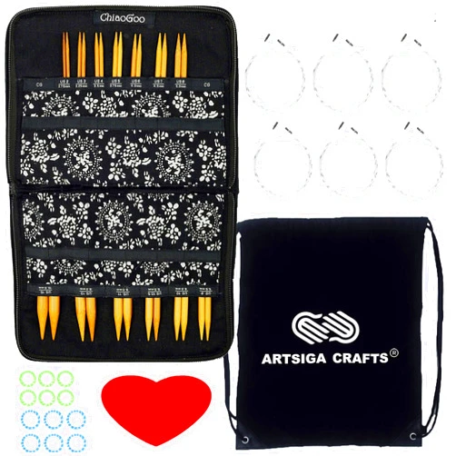 ChiaoGoo Spin Bamboo 4-Inch Complete 2400-C Interchangeable Circular Knitting Needle Set, Sizes US 2, 3, 4, 5, 6, 7, 8, 9, 10, 10.5, 11, 13, 15 with 6 Cords with Project Bag