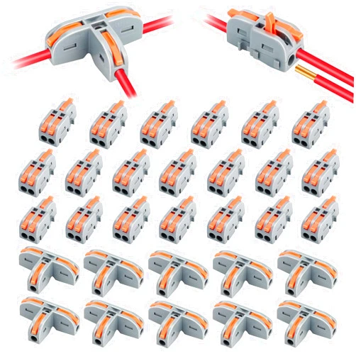 SUNJOYCO 30PCS Compact Wire Conductor Connector, T-Shape Lever Nut Wire Connectors & 1 in 2 Out Splicing Connectors, AWG 28-12
