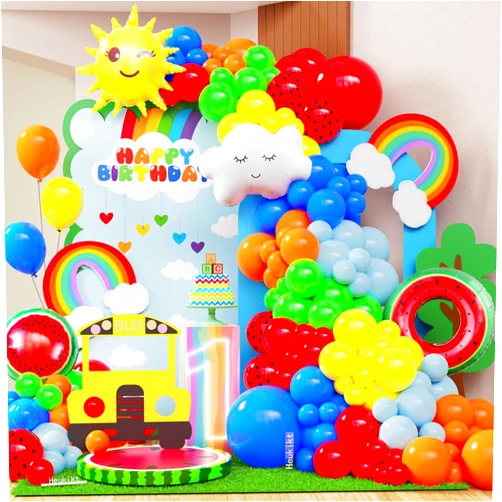 Heukikt 156Pcs Rainbow Color Balloon Garland Arch Kit, Watermelon Sun Cloud Foil Balloons for One in a Melon Kids Birthday Rainbow Summer Back to School Party Decorations