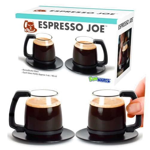Funwares Unique Coffee Mug, Perfect Gag Gift, Funny Cool Big Coffee Mug for Men and Women! Espresso Joe, 3 oz Espresso Cups with Retro Coasters, Set of 2