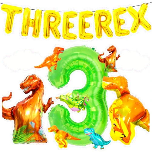 Bluegogo 16Pcs Three Rex Balloons, Three Rex Birthday Party Decorations Boy Dinosaur 3rd Birthday Party Supplies Include Three Rex Balloons Dinosaur Foil Balloons for 3 Rex Birthday Decorations Boys