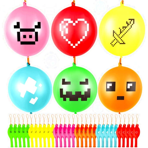 Hungdao 30 Pcs Pixelated Punch Balloons Colorful Latex Punch Ball Miner Video Game Party Favors Bounce Balloons with Rubber Band Handle for Birthday Party