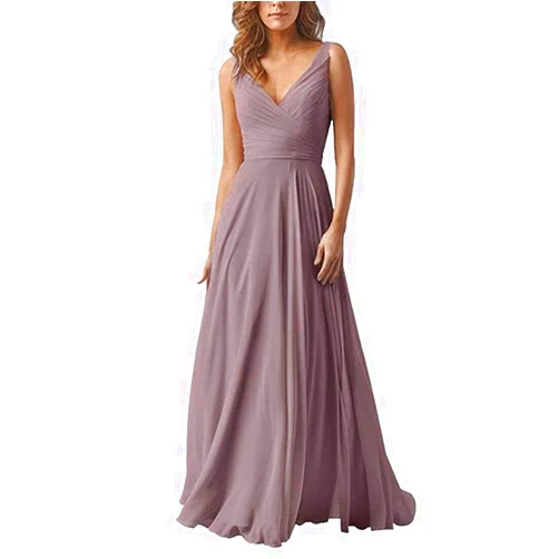 Luokadress V Neck A-line Ruched Bodice Bridesmaid Dress Floor Length Formal Evening Prom Gowns