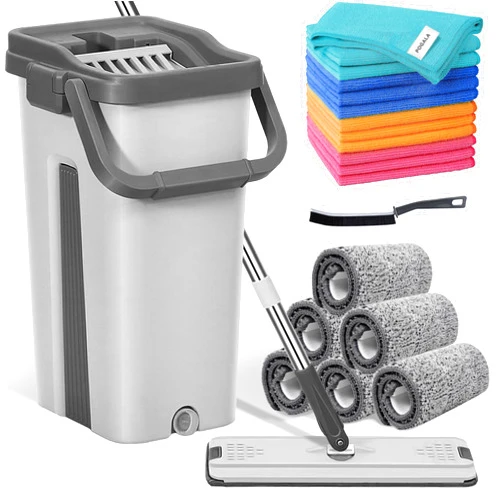 POGALA - Mop Bucket Set with 12 Microfiber Cleaning Towels and a Cleaning Brush, Mops for Floor Cleaning, Cleaning Tools, Mob, mop and Bucket with Wringer Set for Home with 6 Washable Microfiber Pads
