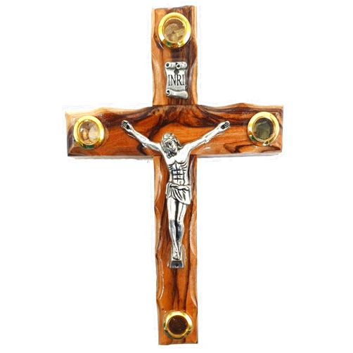 Zuluf Olive Wood Catholic Cross Hand Carved With Crucifix From Jerusalem & Holy Land Certificate | Small Wooden Cross | Christian Spiritual Living Room Christian Easter Decor | 12cm 4.7