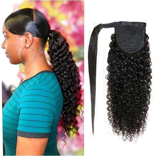 ALISFEEL Wrap Around Kinky Curly Ponytail Human Hair for Black Women Remy Brazilian Curly Ponytail Extensions Magic Paste 100% Unprocessed Human Hair Pony Tail with Clip Natural Color (14 Inch)