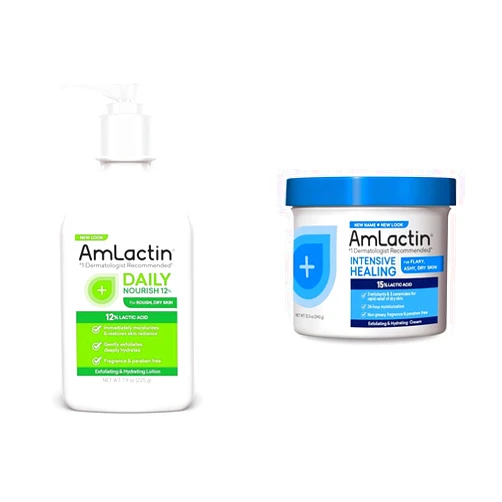AmLactin Daily Moisturizing Lotion for Dry Skin – 7.9 oz Pump Bottle – 2-in-1 Exfoliator & Intensive Healing Body Cream – 12 oz Tub – 2-in-1 Exfoliator and Moisturizer