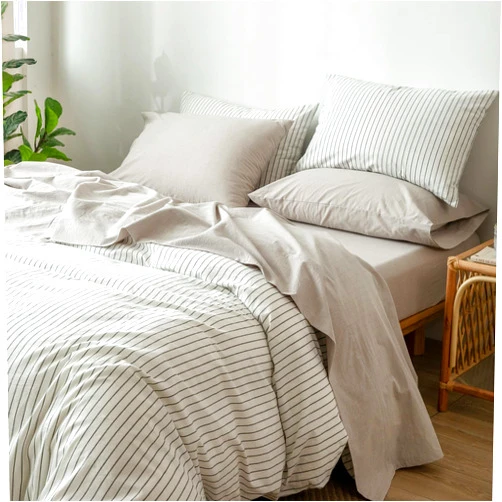 MooMee Bedding Sheet Set 100% Washed Cotton Linen Like Textured Breathable Durable Soft Comfy (Tannish Linen Grey, Queen)