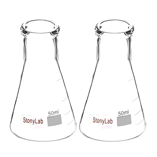 StonyLab 2-Pack Glass 50ml Heavy Wall Narrow Mouth Erlenmeyer Flasks with Heavy Duty Rim - (50ml Fits with StonyLab 4# Rubber Stopper)