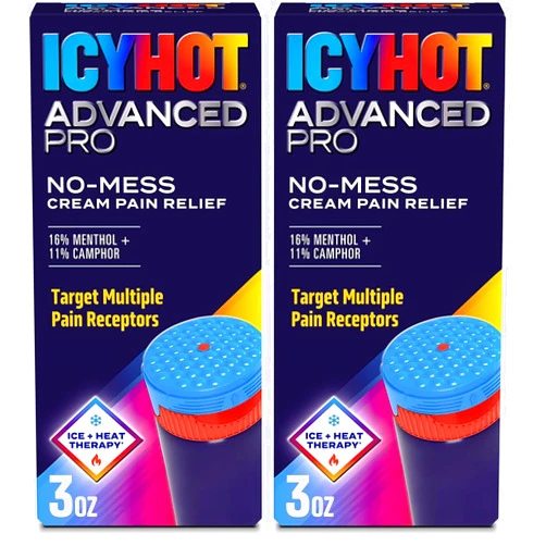 Icy Hot Advanced PRO Pain Relief No-Mess Cream with Massaging Applicator,Max Strength Pain Relief with Menthol 16% and Camphor 11% for Backaches,Joints,Muscle Strains and Arthritis,3 oz,(Pack of 2)