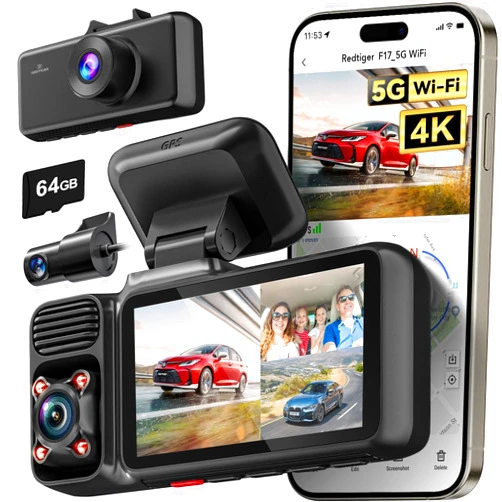 REDTIGER 4K 3 Channel Dash Cam, 5GHz WiFi Built-in GPS with 64GB Card, 2160P+1080P+1080P Front and Rear Inside, Triple Car Camera with 3 Inch Screen, IR Night Vision, G Sensor, WDR, Parking Mode(F17)