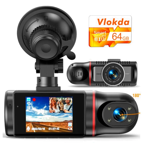 Vlokda Dual Dash Cam Front and Inside, FHD Dashcams for Cars with 64GB Card Dash Camera for Cars, 1080P Front Dash Cam+1080P Inside Dashcam for Car Dash Camera with IR Night Vision Loop Recording