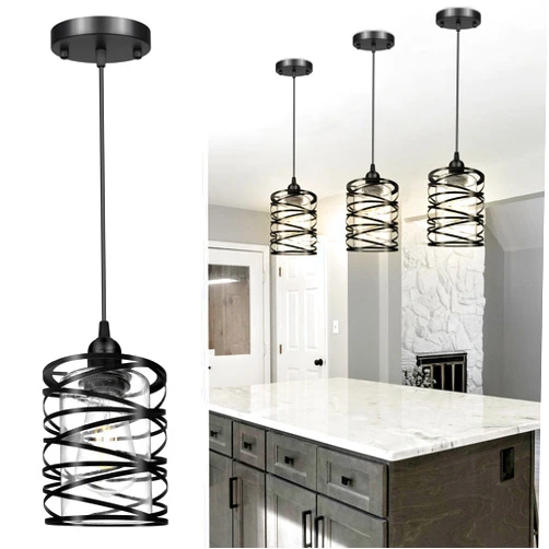GEFOUN Farmhouse 3 Pack Pendant Light, Modern Pendant Light Fixture in Black Finish Cage, Industrial Chandelier with Clear Glass, Adjustable Hanging Light for Kitchen Island Hallway Entryway Bar