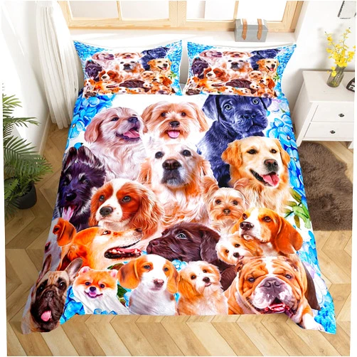 Feelyou Dog Comforter Cover Kids Cute Cartoon Dogs Duvet Cover for Boys Girls Pet Puppy Animal Design Bedding Set Lovely Pug Bulldog Collage Pattern Bedspread Cover Bedroom Collection 3Pcs Queen Size