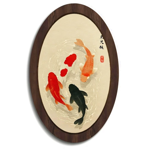 Feronty Japanese Koi Fish Framed Wall Art Decor, Lotus Pond Fish Oval Wall Hanging, Japanese Room Decor for Living Room Bedroom Home, Zen Meditation Room Decoration 9x14.5 in