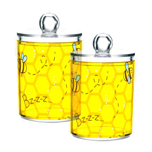 Flradish Cartoon Bees and Honeycombs Clear Plastic Organizer Jars Storage Jars with Storage Lids 2 pcs