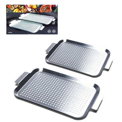 Cook Time Grill Pan Set of 2, BBQ Grill Topper for Outdoor Grill, Stainless Steel Grilling Baskets with Holes and Handles, Perforated Food Tray Barbecue Accessories for Vegetable, Fish, Meat, Seafood