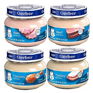 Gerber 2nd Foods 12 Total 2.5 Ounce Jars of Each Flavor (3 Turkey & Turkey Gravy, 3 Ham and Ham Gravy, 3 Chicken & Chicken Gravy, 3 Beef and Gravy)