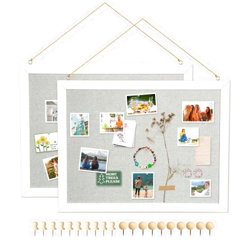 DOLLAR BOSS Cork Boards with Linen 2-Pack 16''X 12'' Cork Board for Walls White Wood Framed Small Bulletin Board Hanging Pin Board for Home Kitchen Office Decoration 20 Pushpin, Grey