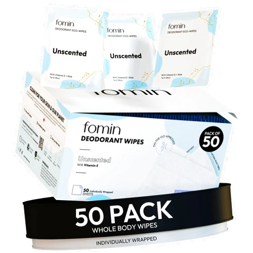 FOMIN Travel Deodorant Wipes - 50 Count - Unscented - pH Balanced, Hypoallergenic Mini Deodorant Wipes For Women and Men - Plastic-Free, Individually Wrapped Underarm & Body Wipes