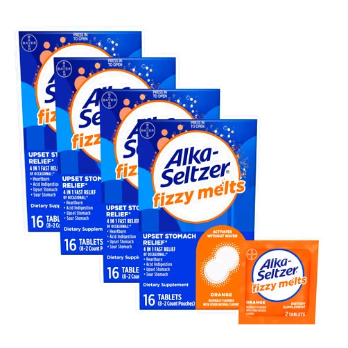 Alka-Seltzer Fizzy Melts, Dissolve on Tongue, No Water Needed, On-The-Go Dietary Supplement Antacid Tablets, for Relief of Occasional Heartburn and Acid Indigestion*, Orange Flavor, 64 Count