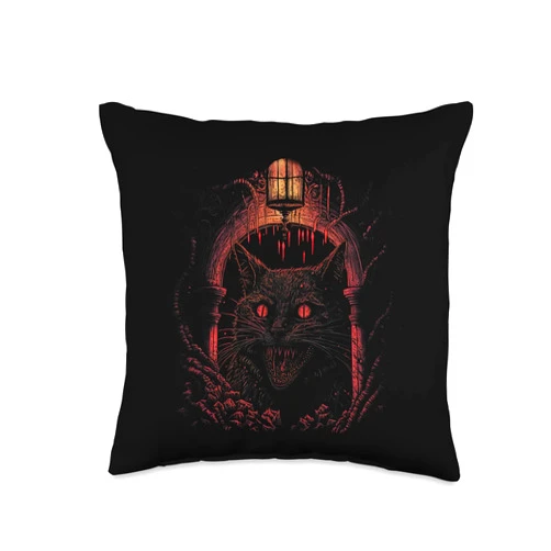 Great Creepy Scary Horror Cat Artwork Illustration Creepy Scary Horror Cat Art Illustration Design Throw Pillow, 16x16, Multicolor