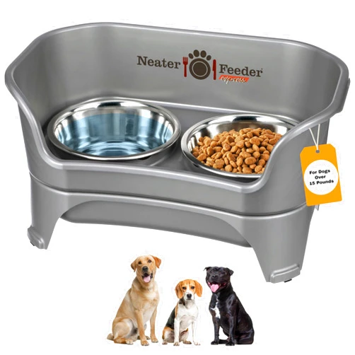 Neater Feeder Express Mess Proof Dog Bowls Elevated for Medium to Large Sized Breed, No Spill Raised Dog Food Bowl Stand, Stainless Steel Food and Water Bowl Set, Pet Dish Feeding Station, Grey
