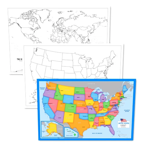 By Palace Learning Palace Learning 3 Pack - USA & World Map Blank Outline Posters + Simplified USA Map for Kids [Blank] - LAMINATED, 18