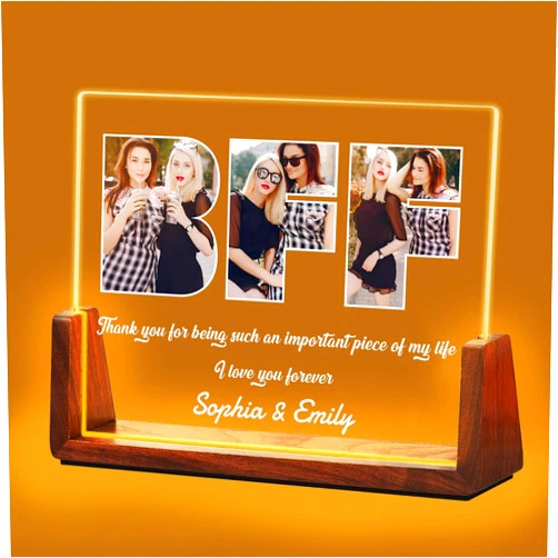 Idiyfun Personalized Gifts for Best Friend Women, Customized Acrylic Plaque LED Walnut Photos Frame with Night Light, Christmas, Friendship, Birthday Gifts for Besties BFF Sister