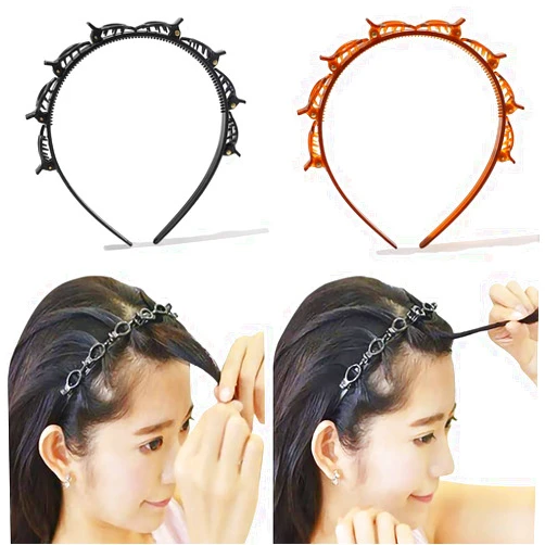 Ivyu Headbands for Women Head bands with Braided Hair Clips for Girls Thin Plastic Headband with Clips, Fashion Braided Headbands Double Layer Twist Plait Hair Tools, Double Bangs Hairstyle Hairpin for