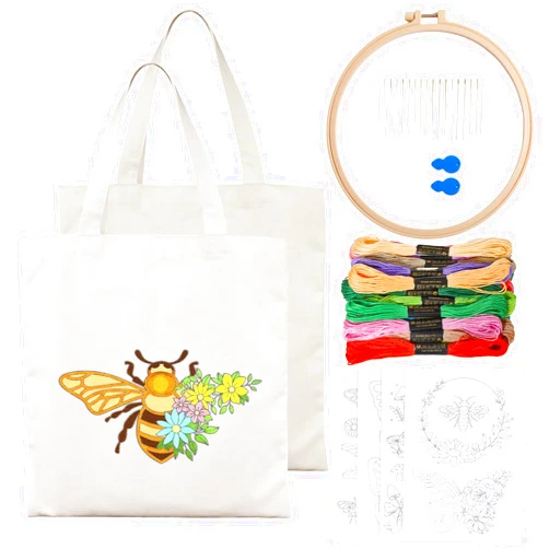 GLOBLELAND Canvas Tote Bag Embroidery Kit with 2 Pcs Storage Bag 1pc Embroidery Hoop 18 Pcs Embroidery Needles 4 Sheets Bee Butterfly Water-Soluble Embroidery Stabilizers 24 Pcs Threads