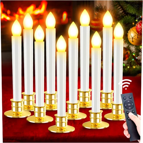FLY2SKY Warm White LED Candle Lamp, 10 Pcs Flameless Candles, Remote Control, Battery Operated, Christmas Decorations, Gold Candle Holders, Timer, Indoor