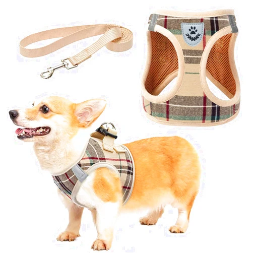 KOOLTAIL Dog Harness for Small Medium Dogs,Dog Harness and Leash Set, Step in No Pull Soft Mesh Padded Adjustable and Reflective Pet Vest Harness Puppy, Plaid Extra Harness for XS S Dogs, Beige M